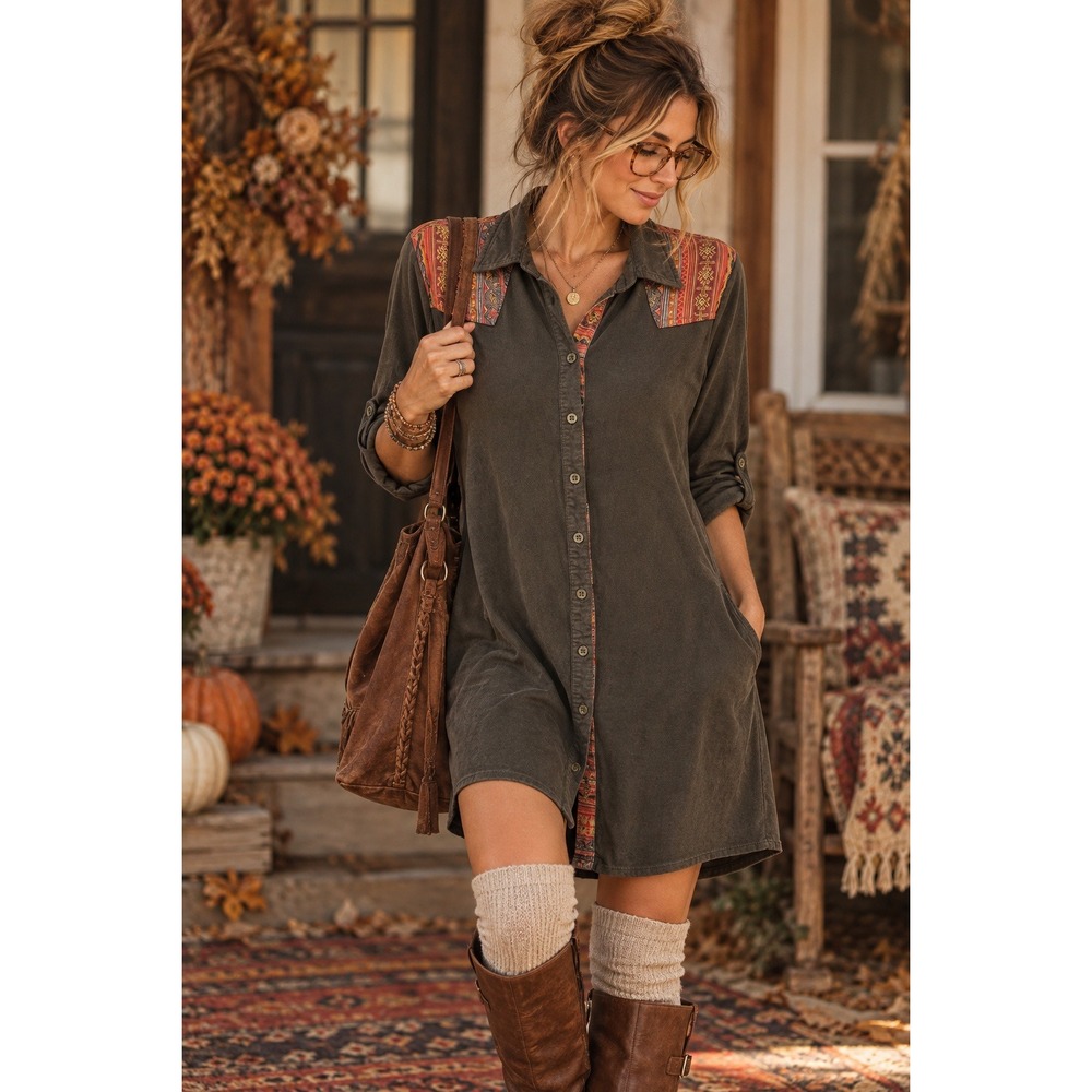 Tea n Rose Shirt Dress Women L Olive Green Microsuede Southwestern Boho Hippie